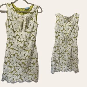 ANTONIO MELANI Dress Green White Lace Scalloped Short Sleeve Mini Floral